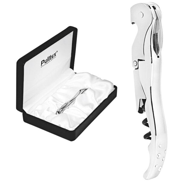 A silver and black Pulltex corkscrew in a black and white gift box.