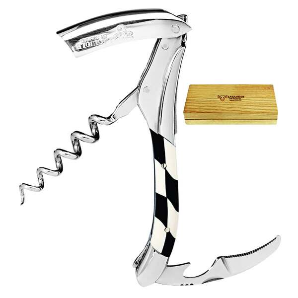 A Laguiole En Aubrac Ebony and Ivory Checkered Inlay Waiter's Corkscrew next to its wooden box.