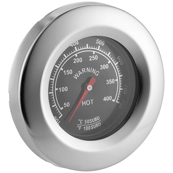 A close-up of a stainless steel Backyard Pro thermometer with a red line.