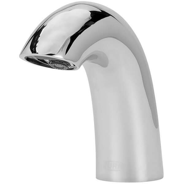 A silver Zurn electronic faucet with a gooseneck nozzle.