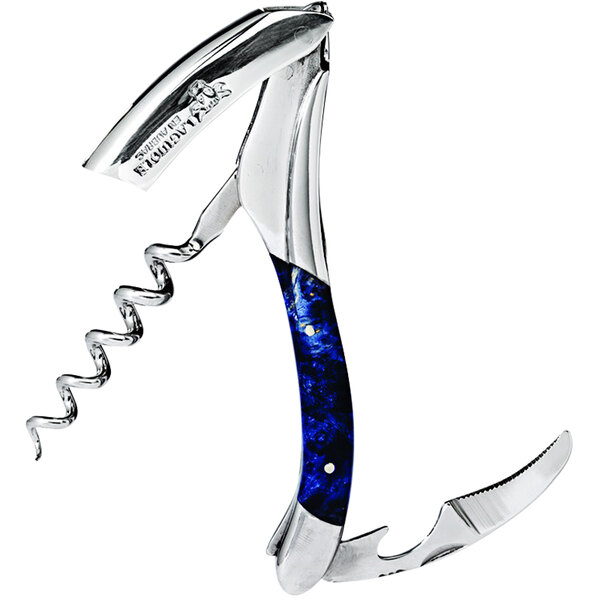 A Laguiole En Aubrac waiter's corkscrew with a blue sycamore wood handle and silver accents.