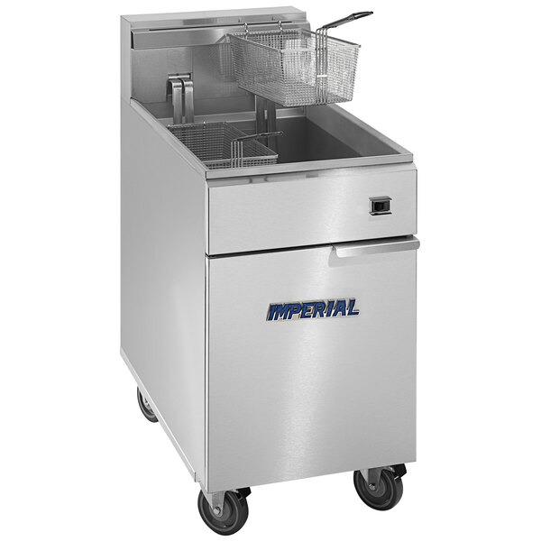 An Imperial 75 lb. electric fryer on wheels.