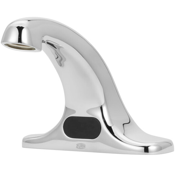A silver Zurn AquaSense deck mount electronic faucet with a black temperature mixing valve.