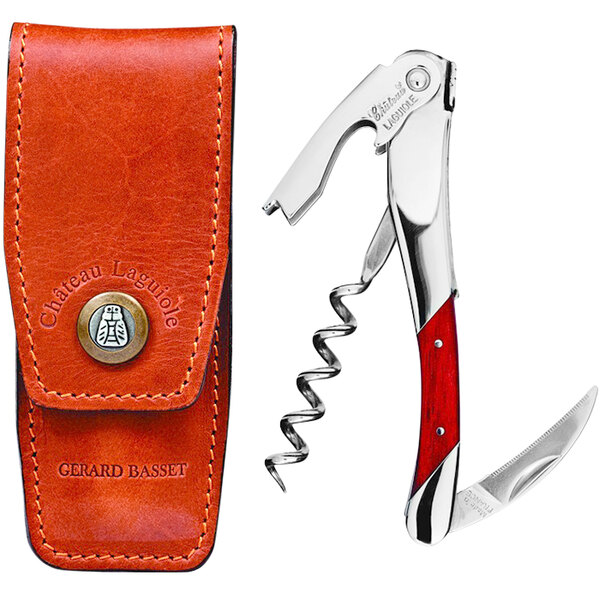 A red leather case with a Chateau Laguiole Gerard Basset Waiter's Corkscrew and knife.