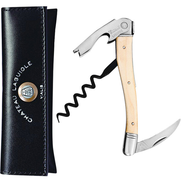 A Chateau Laguiole maple corkscrew with a wooden handle and leather case.