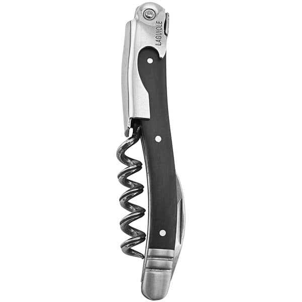 A Laguiole waiter's corkscrew with a black handle and silver metal.