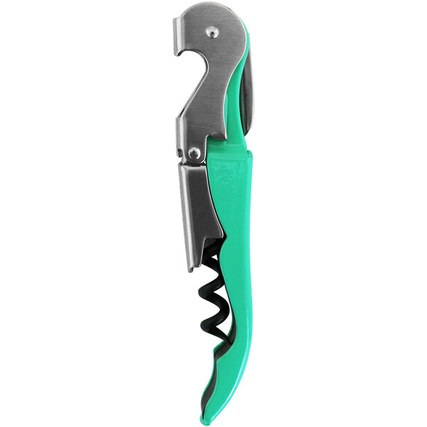 A Franmara apple green enamel and metal corkscrew with a black lever.