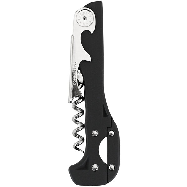 A Franmara nickel-plated corkscrew with a black handle and silver accents.