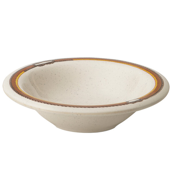 A white bowl with a brown rim and yellow stripe.
