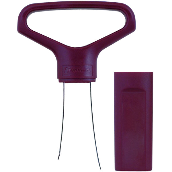 A Franmara burgundy cork extractor with a red handle.