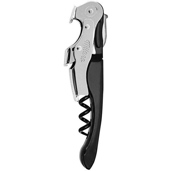 A Milano Double-Lever Waiter's Corkscrew with a black and silver metal handle.