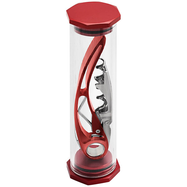 A Farfalli Aria red and silver corkscrew in a clear container with a silver cap.