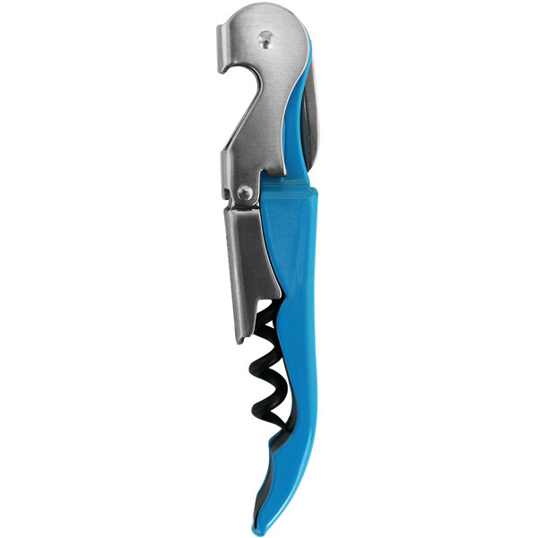 A blue and silver Franmara waiter's corkscrew with a knife.