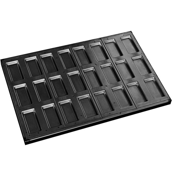 A black rectangular Gobel Financier mold with many rectangular compartments.