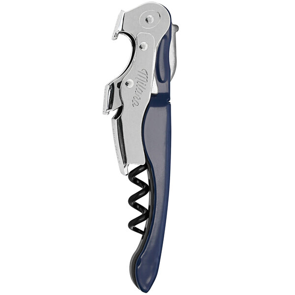 A Milano Double-Lever Waiter's Corkscrew with a dark blue handle.