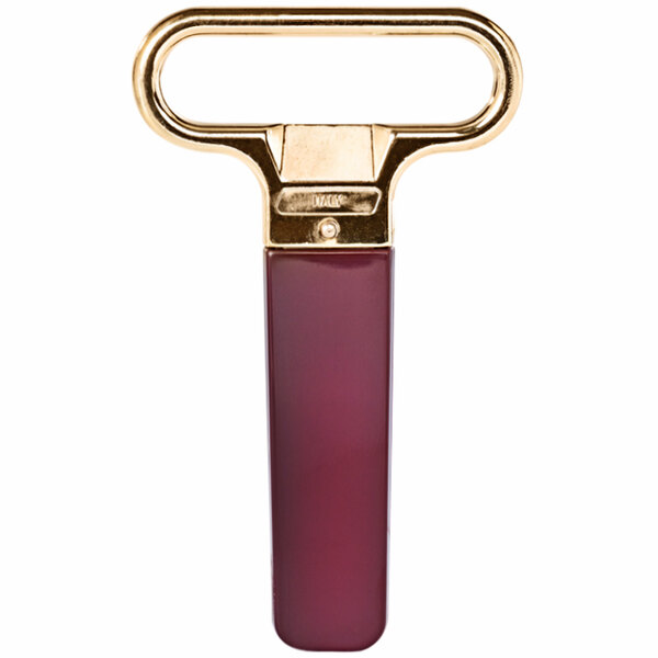 A Franmara brass-plated cork extractor with a burgundy sheath and gold prongs.