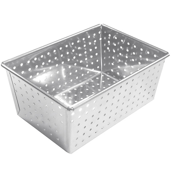 A silver metal container with holes for a Gobel loaf pan.
