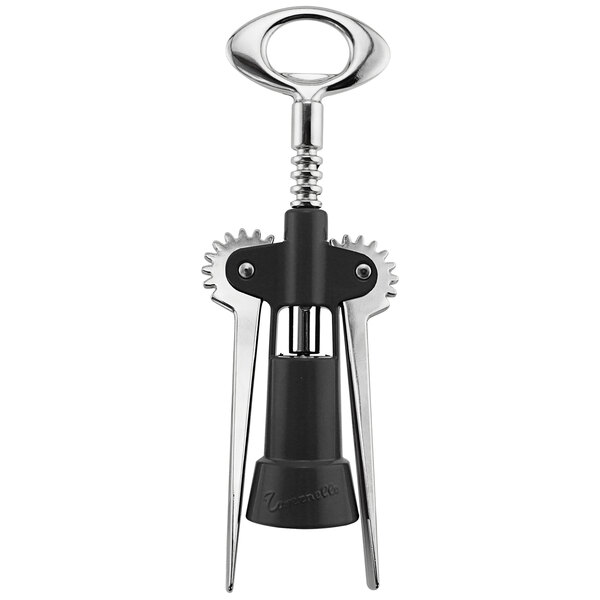 A Franmara Tavernello wing corkscrew with a black and silver metal handle.