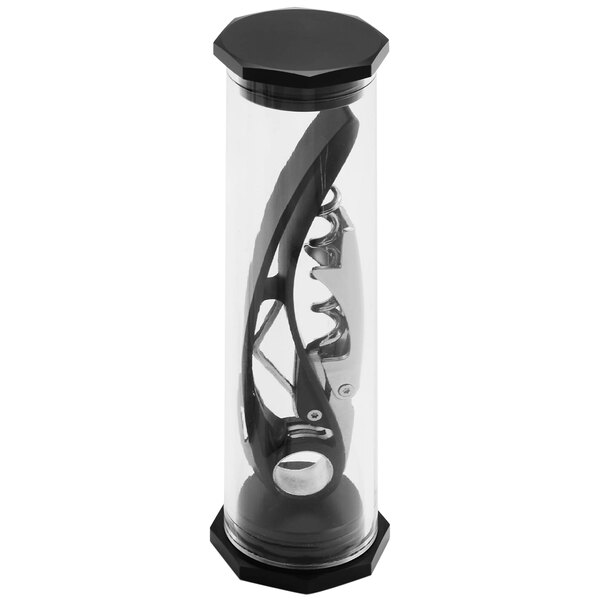 A Farfalli black and silver corkscrew in a glass container.