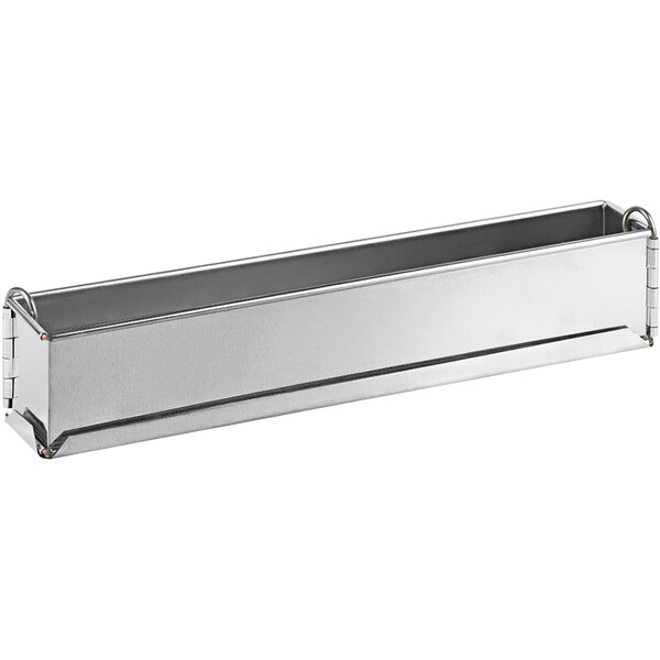 A silver rectangular tin-plated loaf pan with handles.