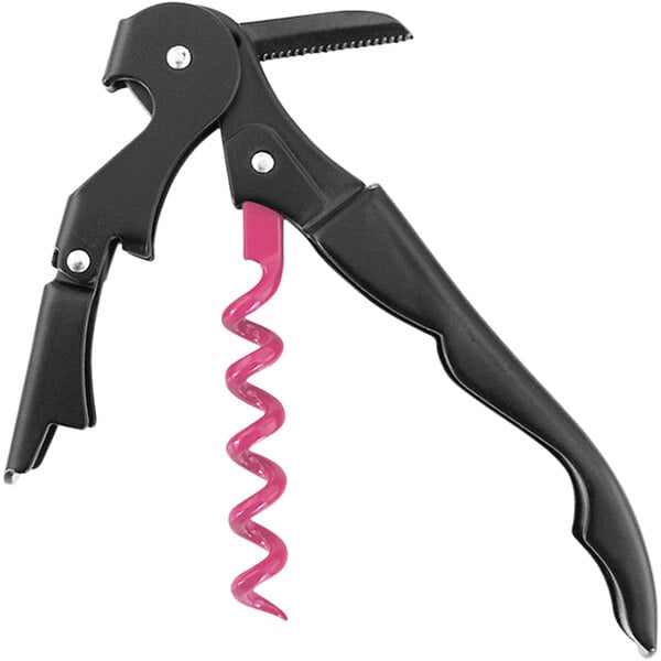 A Franmara Duo-Lever Elixir pink and black corkscrew with a pink spiral handle.