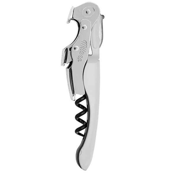 A Milano double-lever wine opener with a knife and white handle.