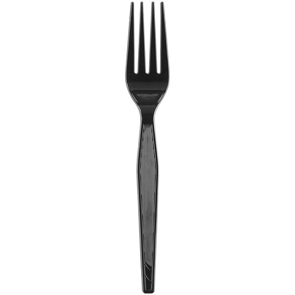 A black Dixie heavy weight plastic fork with a long handle.