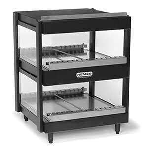 A black Nemco countertop rack with glass shelves.