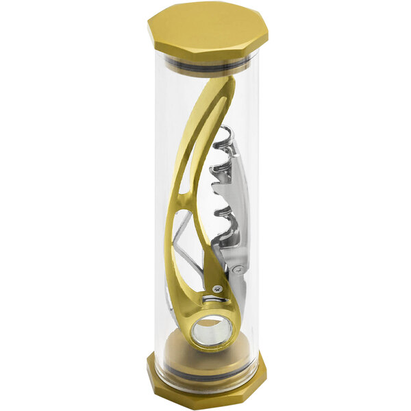 A Farfalli gold aluminum corkscrew with a metal handle.