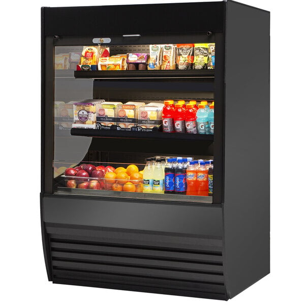 A black Federal Industries Vision Series refrigerated self-serve merchandiser with different types of food on shelves.