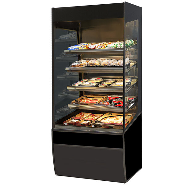A black Federal Industries heated self-serve merchandiser with food on shelves.