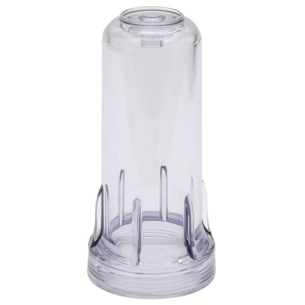 A clear plastic container with a silver cap.