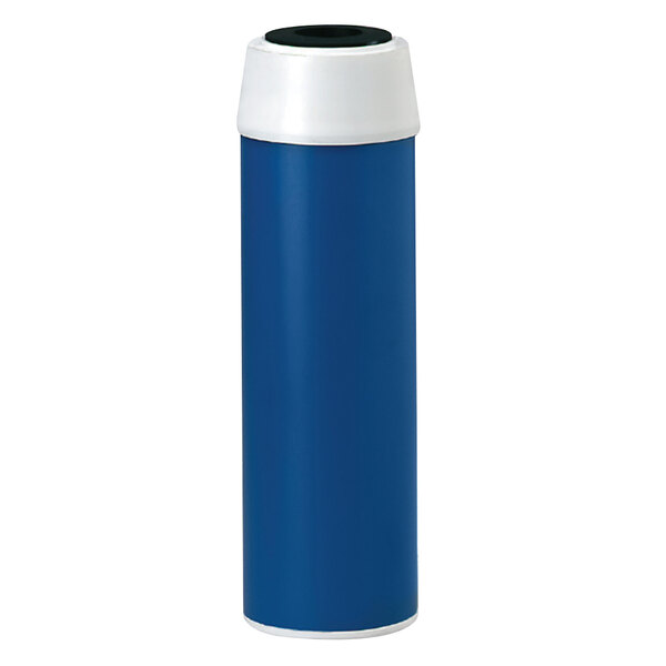 A blue and white cylinder with a white label and black text.