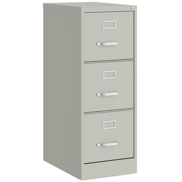 A light gray Hirsh Industries three-drawer vertical filing cabinet.