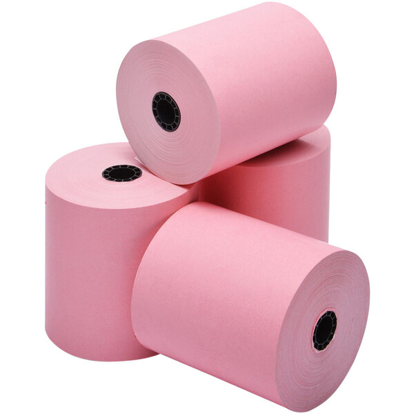 A group of pink Point Plus thermal paper rolls.
