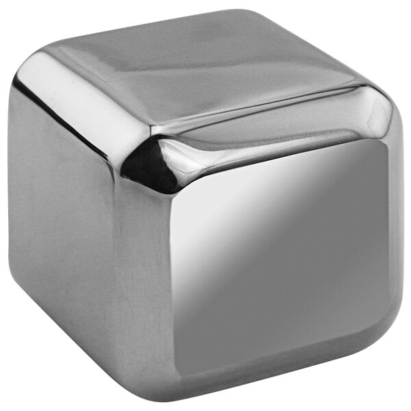A shiny stainless steel cube-shaped Franmara Steel-Ice Reusable Ice Cube on a counter.