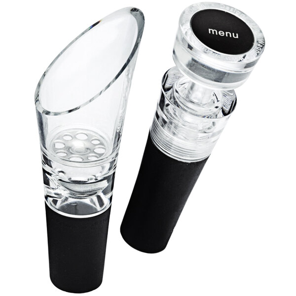A close-up of a Franmara clear decanting wine pourer and stopper in a black and clear bottle.