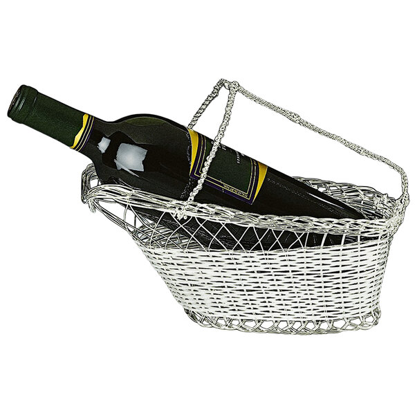 A silver-plated wire cradle holding a wine bottle.