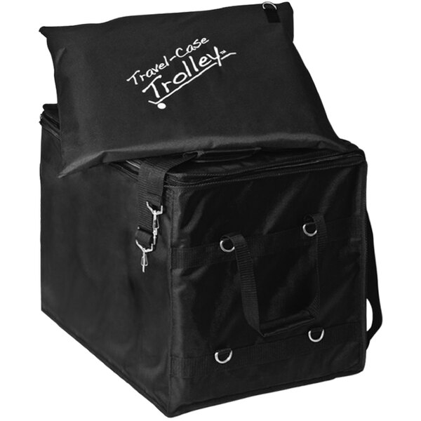 A black Franmara travel case trolley carrier on top of a black bag.