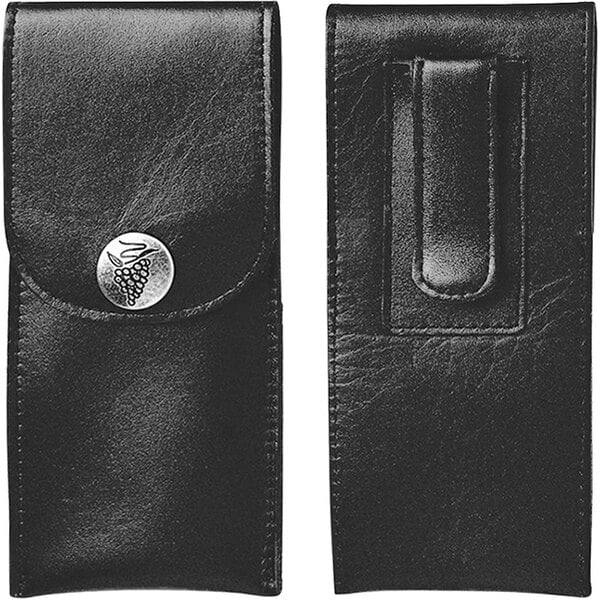A black leather Franmara corkscrew holster with a silver button.