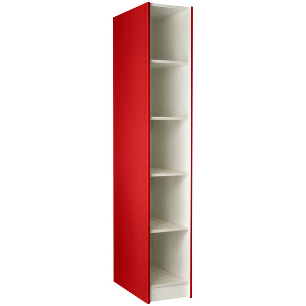 A red I.D. Systems locker with 5 compartments.