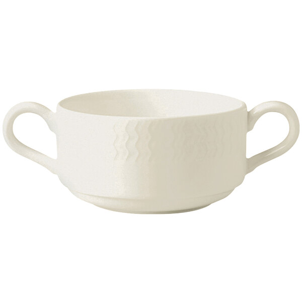 A white RAK Porcelain Leon soup bowl with two handles.
