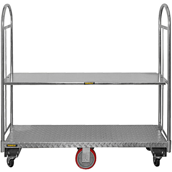 A silver metal cart with a removable galvanized steel shelf on red wheels.