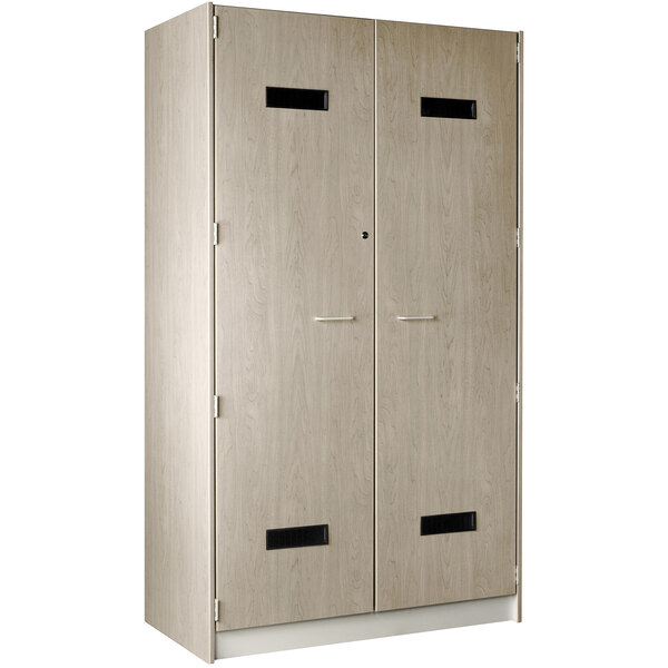 A natural elm wooden locker with two doors and black handles.