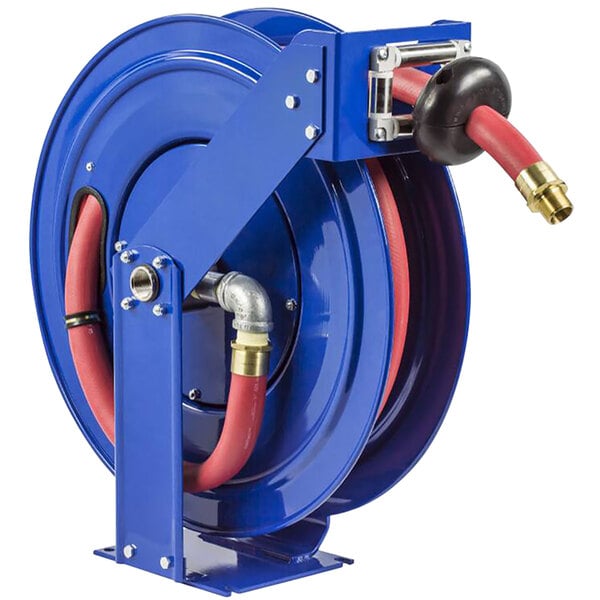 A blue Coxreels truck mount hose reel with a red hose.