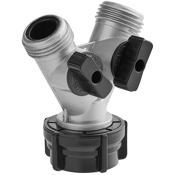A Vitamix "Y" faucet connector with two metal pipes.