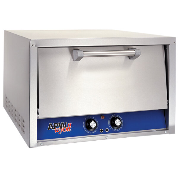 A stainless steel APW Wyott countertop pizza deck oven with blue doors.