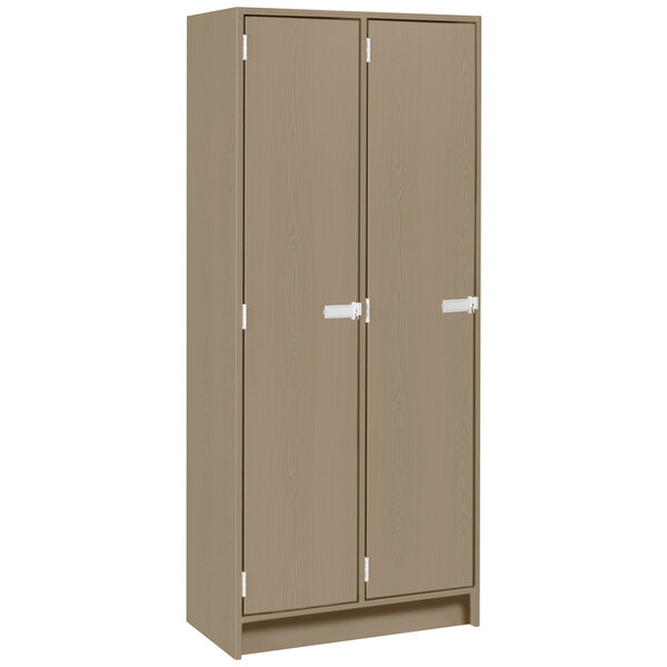 A brown metal I.D. Systems storage locker with silver handles and two shelves.