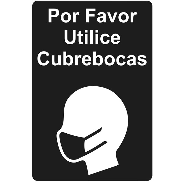A Tablecraft Spanish sign with white text reading "Por favor use cubrebocas" over a white silhouette of a person wearing a face mask.