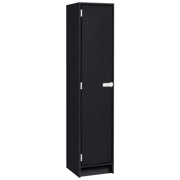 A black metal I.D. Systems single door locker with two shelves.